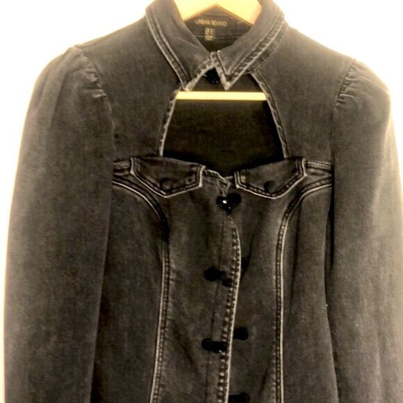 Urban Revivo Black Denim Long Jacket | Button Front | Size M (US 8) - Picture 1 of 15